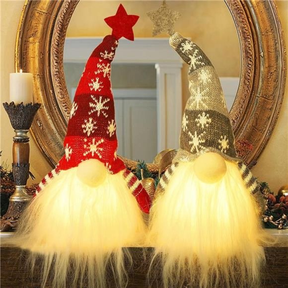 15" Lighted Christmas Gnome, Handmade Plush Scandinavian Swedish Tomte,  2 Set - Picture 1 of 7